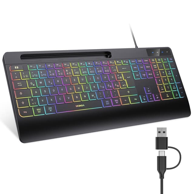 🌈🌟 Seenda Beleuchtete Kabelgebundene Tastatur mit Handyhalter und Handballenauflage