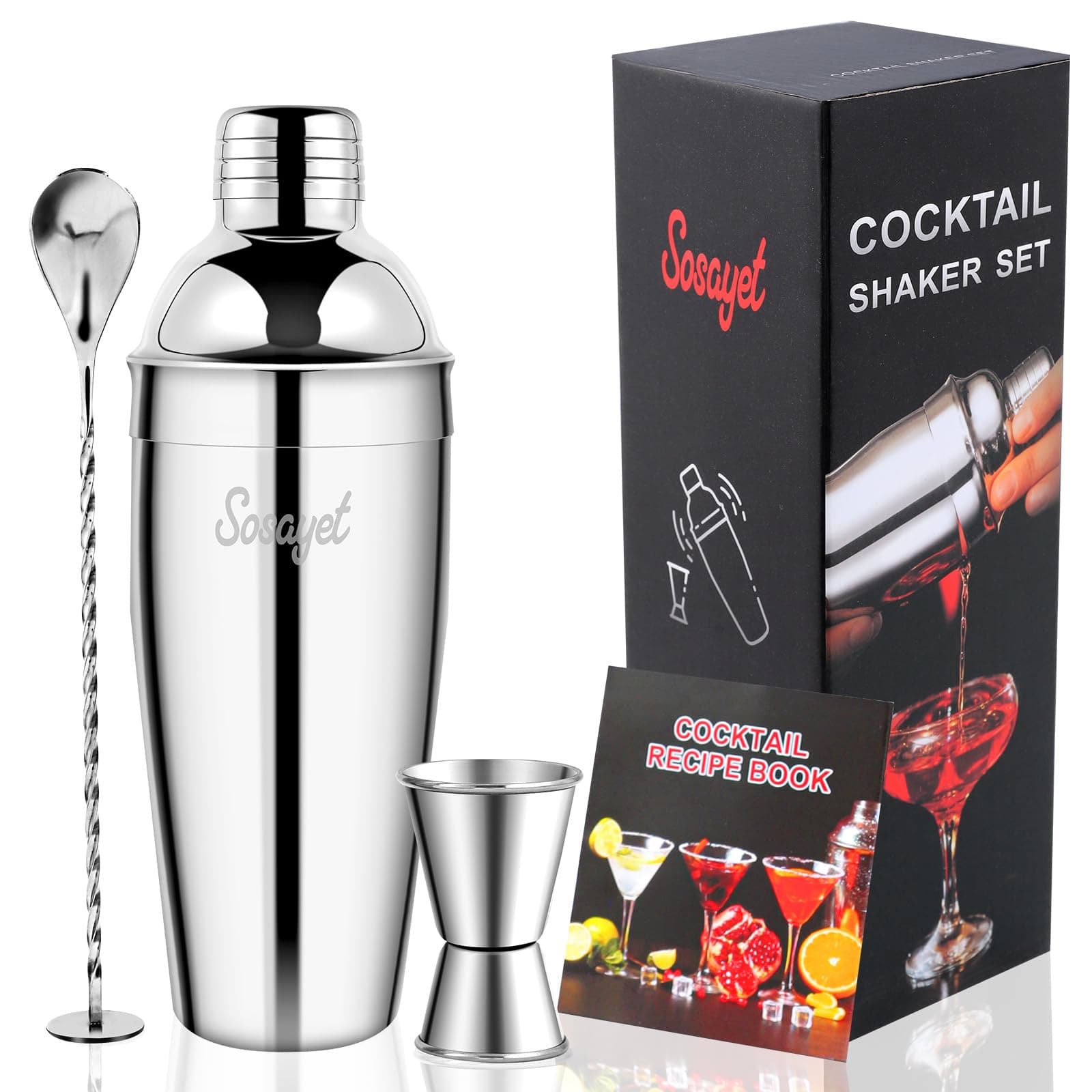 🍹🎁 Sosayet Cocktail Shaker 750 mL, 3-teiliges Edelstahl Cocktail Set - Premium Barkeeper Set 🎉