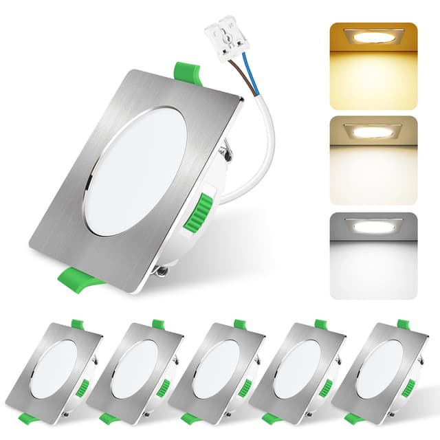 ALUSSO LIGHTING Einbaustrahler LED, 4W LED Einbaustrahler 230V Dimmbar Deckenspots, 3CCT 3000K 4000K 6500K Einbauleuchten, IP44 Deckenstrahler für Badezimmer Wohnzimmer, 6er Set, Quadrat, Nickel
