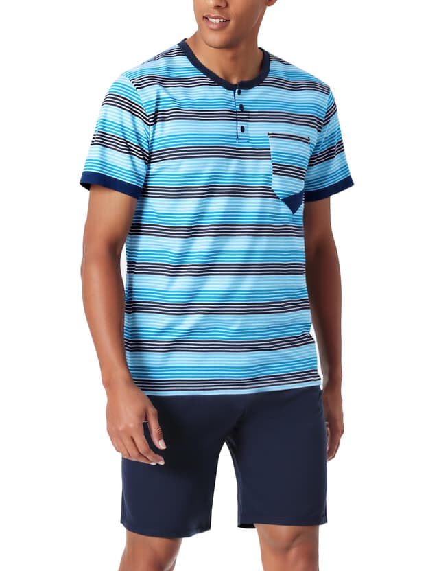 🌙 Jezonga Herren Schlafanzug Kurz Baumwolle Nightwear Set Pyjama Shorty Sommer Schlafanzüge Männer Kurzarm Nachtwäsche mit Knopfleiste D#blau M 🌟