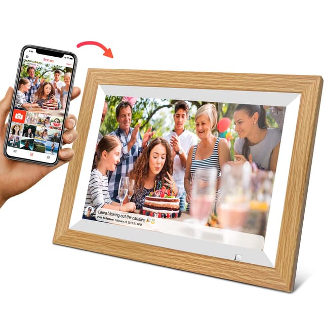 Cytem 10.1 Zoll Digitaler Bilderrahmen | WLAN | 32GB | Bewegungssensor | 16:10 IPS Display | Touch-Screen | Mittelbraun Holzoptik