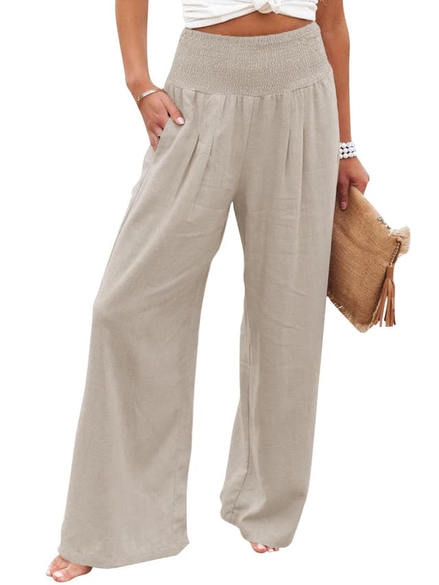 🌟 Imuedaen Leinenhose Damen Sommer Hose Casual Leinen Leicht Hosen Weites Bein Palazzo Freizeithose Hohe Taille Einfarbig Sommerhose Stoffhose mit Taschen Khaki M