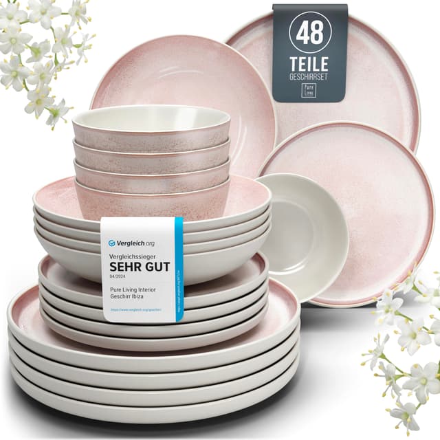 Steingut Geschirrset 12 Pers. Ibiza 48-tlg 🍽️ Hochwertiges Mediterranes Steingut Geschirr Set - Schüssel- und Teller Set - Tafelservice 12 Personen Pure Living Beige und Rose 🌹