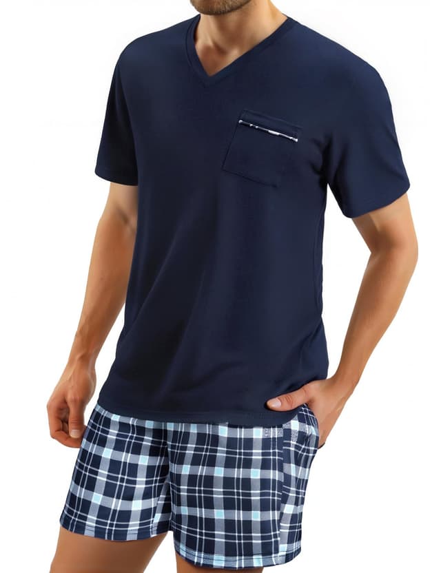 🌙 Sommer Herren Schlafanzug Set Kurzarm Baumwolle Kariert Blau01 L