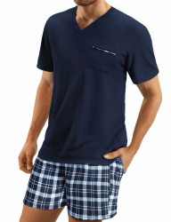 🌙 Sommer Herren Schlafanzug Set Kurzarm Baumwolle Kariert Blau01 L Angebot bei HelloDeals