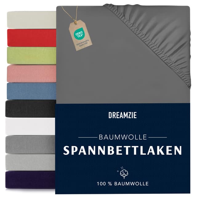 Dreamzie - Spannbettlaken 140x190/200cm - 100% Jersey Baumwolle - Anthrazitgrau