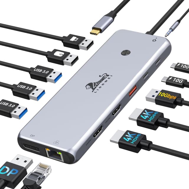 USB C Docking Station Triple Display Dockingstation 13 in 1 10G Dual HDMI Adapter 2X 4K HDMI,Displayport,USB3.1,USB3.0,USB2.0,RJ45 Ethernet,100W PD,Data Transfer,3.5mm Audio/Mic Dock für Dell HP,usw USB3.1 + dual HDMI + DP + USB3.0 Gray