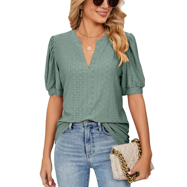 🌺👗 Decorie Bluse Damen Sommer Tshirt V Ausschnitt Kurzarm Damen Oberteile Elegant Damenblusen Casual Blusenshirt Tunika XXL B-dunkelgrün 🌺👗