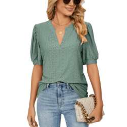 🌺👗 Decorie Bluse Damen Sommer Tshirt V Ausschnitt Kurzarm Damen Oberteile Elegant Damenblusen Casual Blusenshirt Tunika XXL B-dunkelgrün 🌺👗