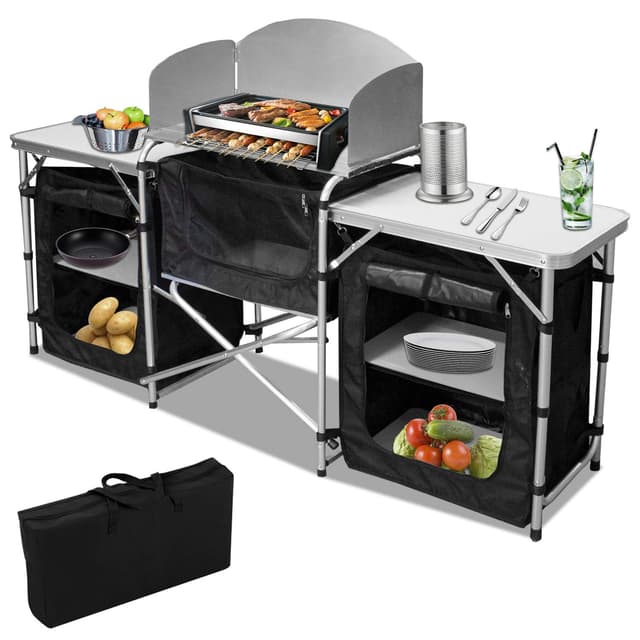 🏕️ Jiubiaz Campingküche mit Aluminiumgestell | Outdoor Camping Küche | Reiseküche | Zeltschrank | Küchenbox Dreiseitiger Tisch
