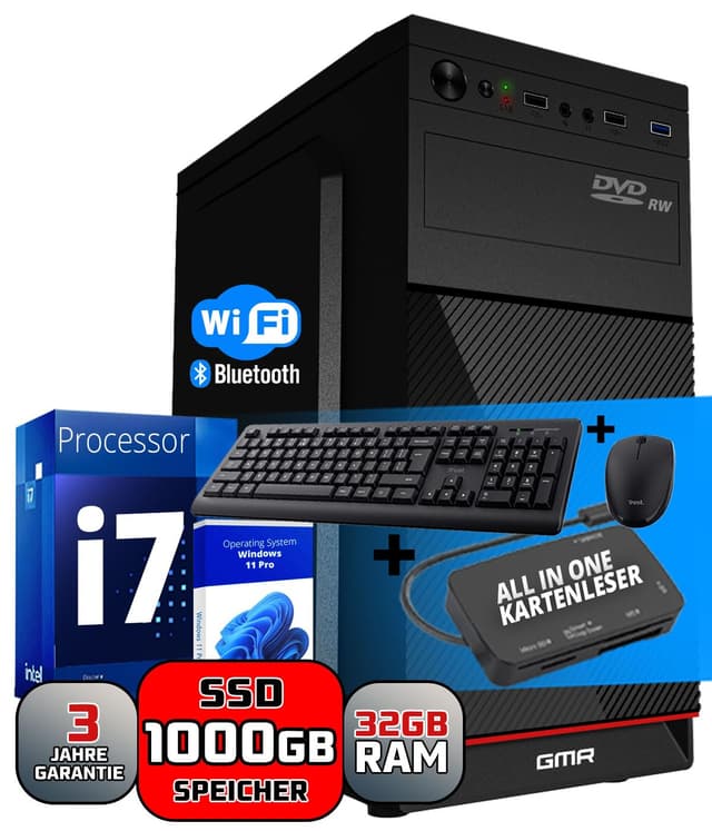 GMR Ultra i7 Business Office PC 🚀 Schneller Rechner | 3 Jahre Garantie | 32 GB RAM | 1000GB SSD | DVD±RW | USB 3 | Windows 11 Prof | WiFi-Bluetooth