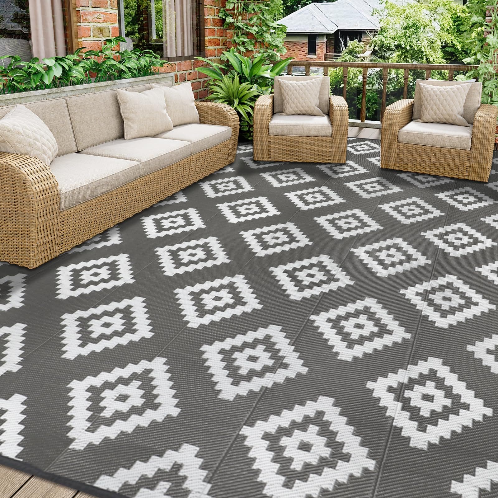 Homcomodar Outdoor Teppich 245x305cm Patio Teppiche Kunststoff Stroh Teppich