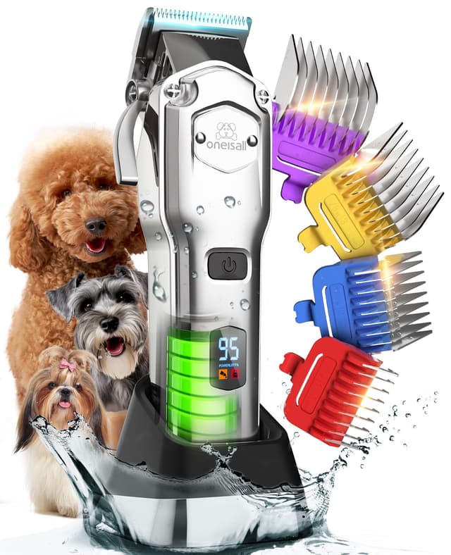 🐶🪒 oneisall Leise Hundeschermaschine mit Metall-Führungskamm - Hochleistungs Tierhaarschneidemaschine (Silber)