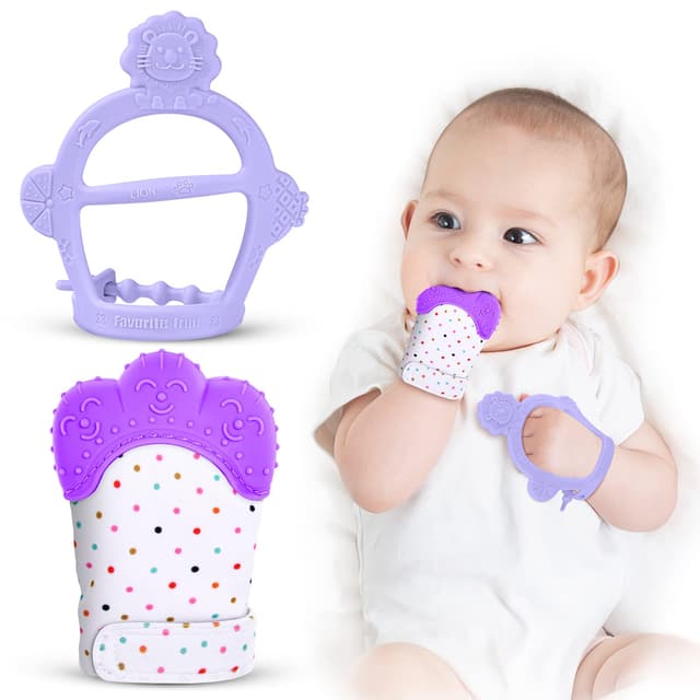 👶🦷 Vicloon Baby Beißhandschuhe und Beißring Spielzeug - Violett Handschuhe+Beißring - Violett