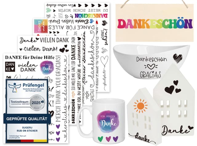 Sugeru Rub On Sticker - 4PCS Set | Sprüche Deko für Geburtstag, Keraflott, Hochzeit, Familie | Rub On Folie für Möbel, Glas, Holz, Fotoalbum, Gästebuch, DIY-Dekoration | Aufkleber Aesthetic (Danke)