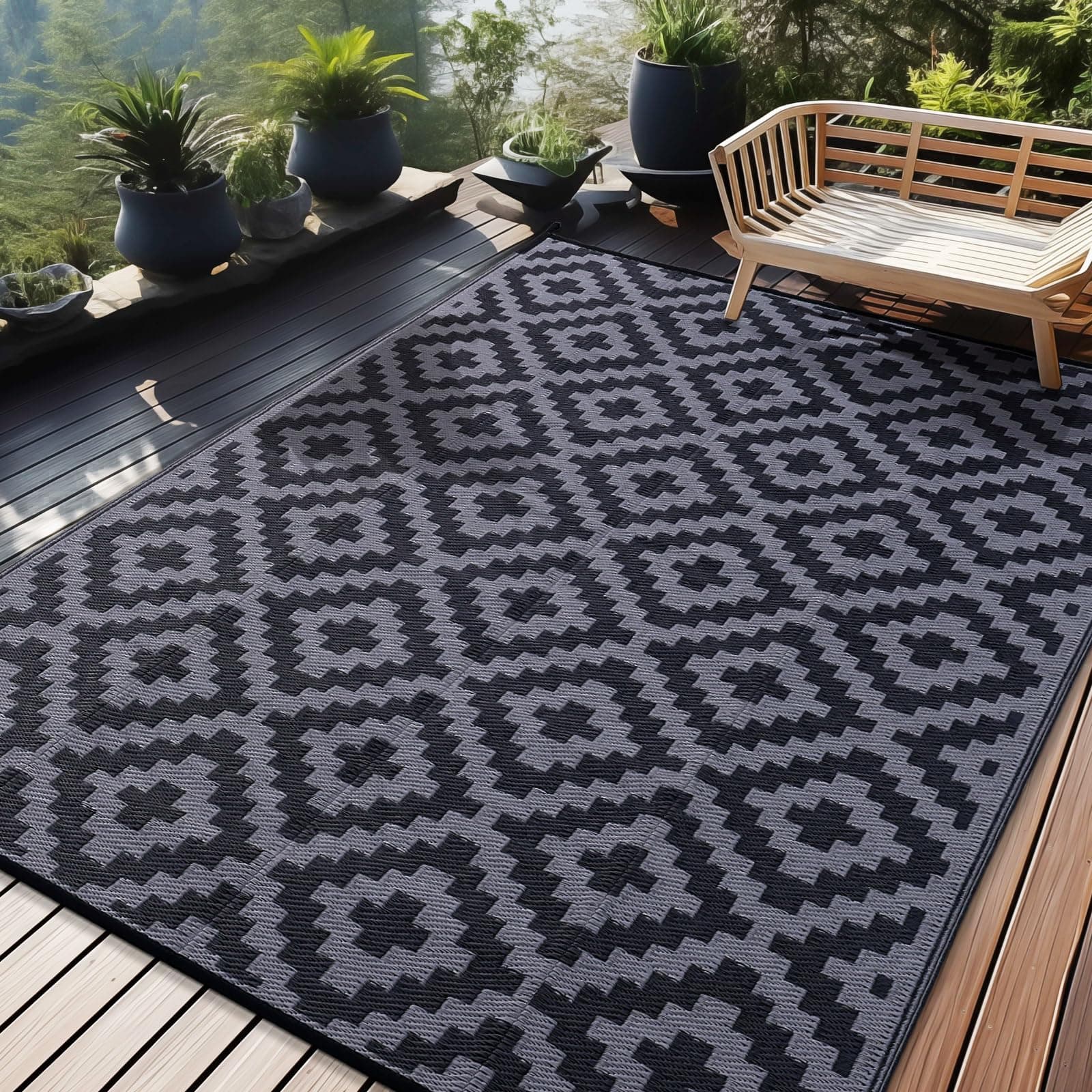 🌞 Homaxy Outdoor Teppich Wetterfest, Kunststoff Stroh UV-beständig Wendbar Faltbar Waschbar Balkon Garten Teppich für Terrasse Camping Picknick (270 x 360 cm, Schwarz & Grau) 270 X 360 cm Schwarz & Grau 🌿