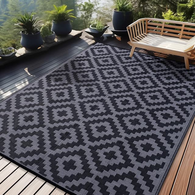 🌞 Homaxy Outdoor Teppich Wetterfest, Kunststoff Stroh UV-beständig Wendbar Faltbar Waschbar Balkon Garten Teppich für Terrasse Camping Picknick (270 x 360 cm, Schwarz & Grau) 270 X 360 cm Schwarz & Grau 🌿