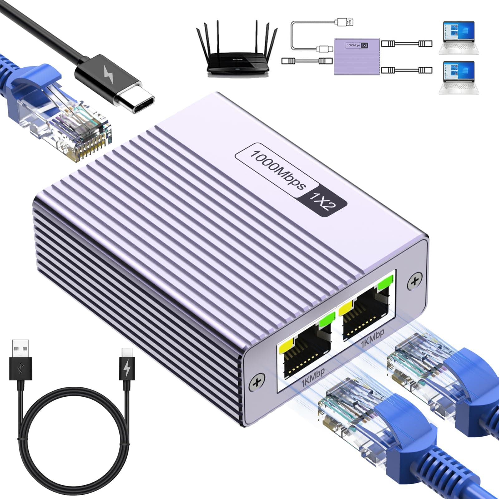 Honpzz Ethernet Splitter 1 auf 2, 1000Mbps Hochgeschwindigkeits Netzwerk Switch