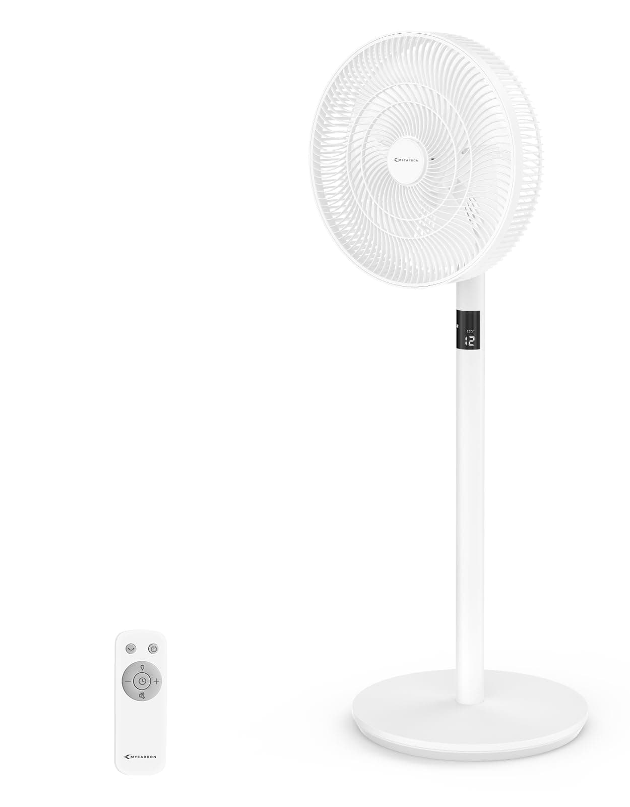 MYCARBON Standventilator sehr leise DC Motor 20dB 6.1 m/s LED Anzeige 12 Stufe Ventilator mit Fernbedienung 60°/90°/120° Oszillation 12H Timmer 20m² 14” 🌀