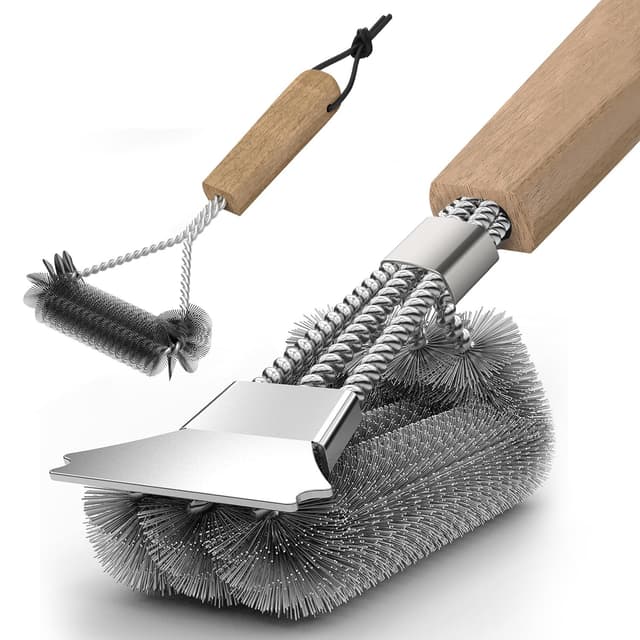 🔥 Grillbürste (2 Stück) mit Holzgriff und Edelstahl Schaber - 39cm Dreieckig 360° Grill Drahtbürste
