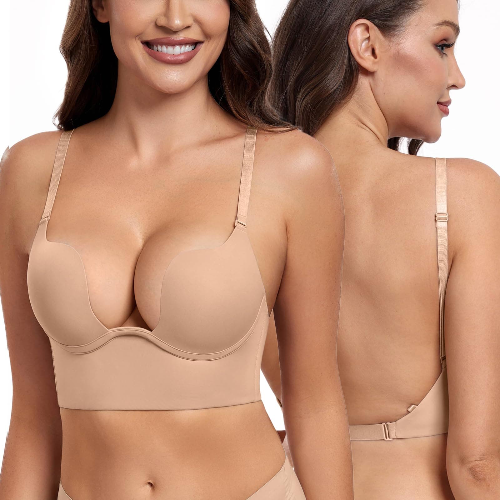 DotVol Damen Rückenfrei Multiway BH Niedrigem Rücken Push Up Bra Tiefer U-Ausschnitt Unterwäsche 75A Beige 🌟👙