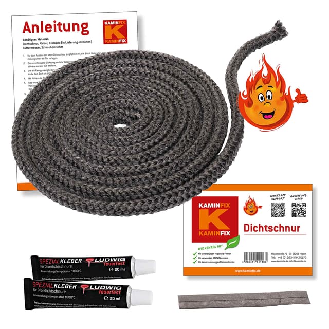 🔥 Ofendichtschnur 2,5m inkl. Kleber, Kaminreparaturset - Hochwertige Ofentürdichtschnur und Ofenschnur