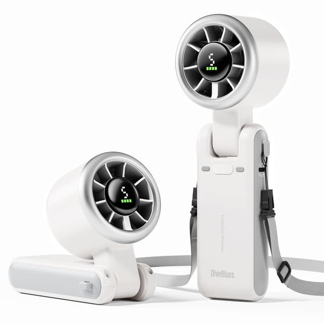 🌀🌬️ Diveblues Tragbarer Turbo Handventilator | Hochgeschwindigkeits-5-stufiger Wind | Wiederaufladbarer Akku | 3-in-1 Hand-, Hals- & Tischventilator | Bis zu 12 Stunden Kühlung | Elfenbein-Glanz