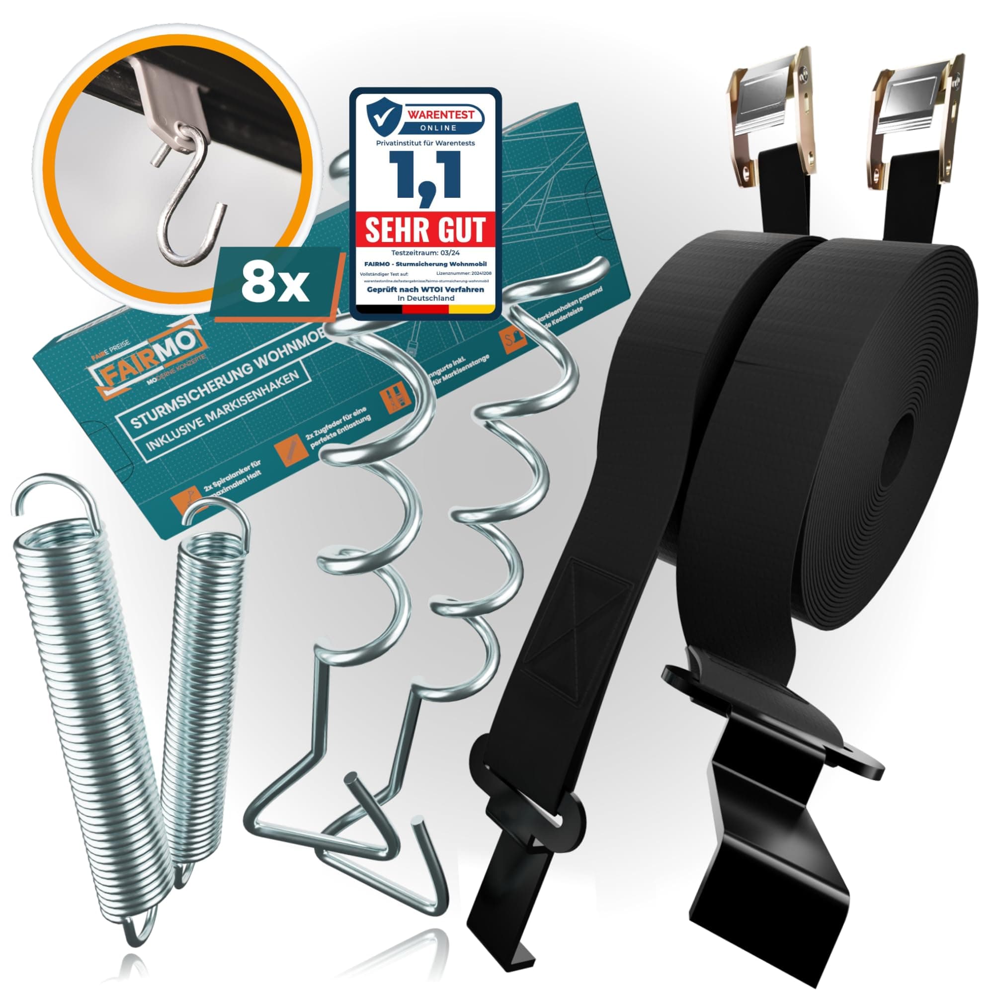 Das wetterfeste Sturmband Markise Set für Thule Omnistor (inkl. 8X Kederleiste Haken) - Sturmsicherung für Vorzelt und Zubehör fürs Wohnmobil - Wohnwagen hold down Side kit mit Sturmleine 1