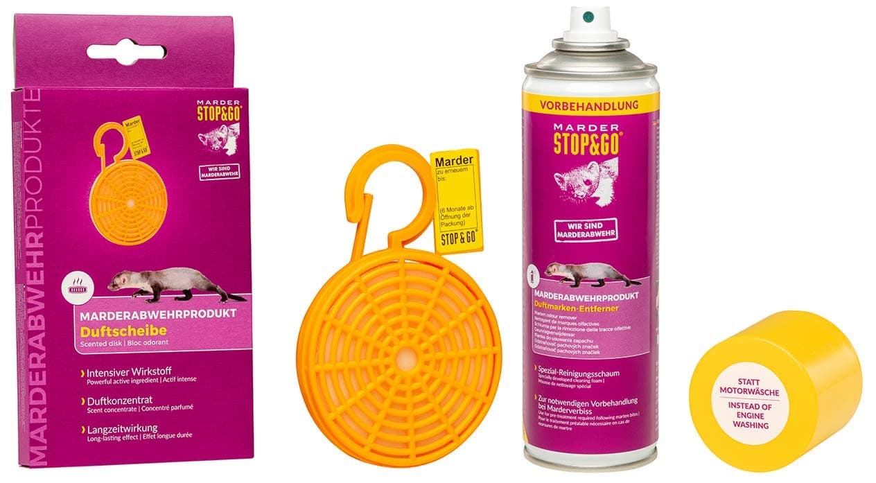 🚫⛽ STOP&GO Anti-Marder-Duftkörbchen + Duftmarken-Entferner Spray 300ml 🐾
