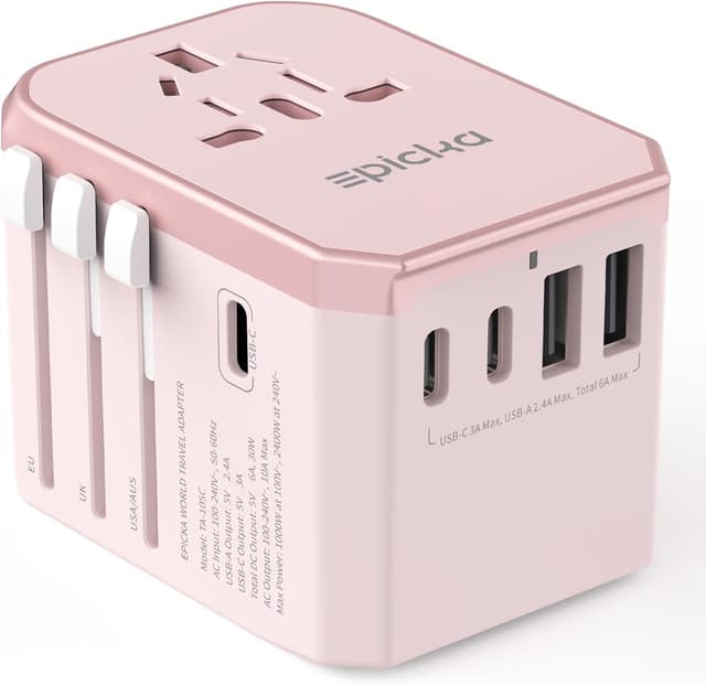 EPICKA Reiseadapter Weltweit, Universal Reisestecker Adapter 30W, Internationaler Steckdosenadapter mit 3 USB-C, 2 USB-A, Travel Adapter für Deutschland USA UK Japan Thailand Australien TA-105C Rosa 🌍🔌