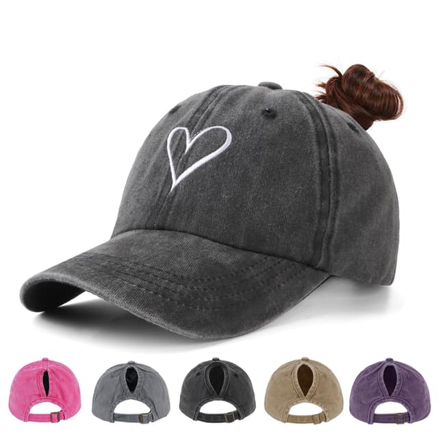 🧢 HeyCaps Pferdeschwanz Baseball Cap Damen 🐎 Verstellbare Baseballkappe Vintage Mützen Sonnenschutz Basecap Mit Zopf Loch für Sommer Sport Big Heart- Schwarz