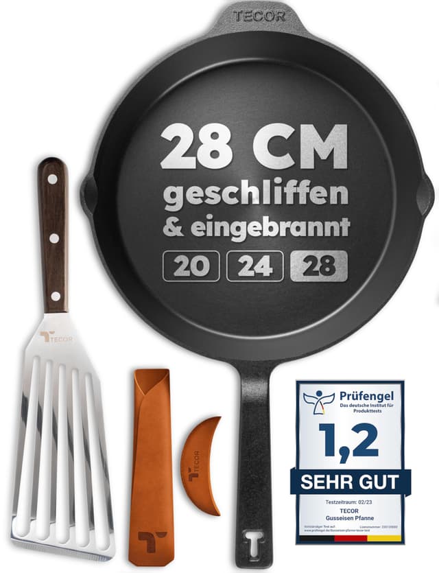 🌟 TECOR Gusseisenpfanne Induktion 28 cm - Langlebige Pfanne aus geschliffenem Gusseisen 🌟
