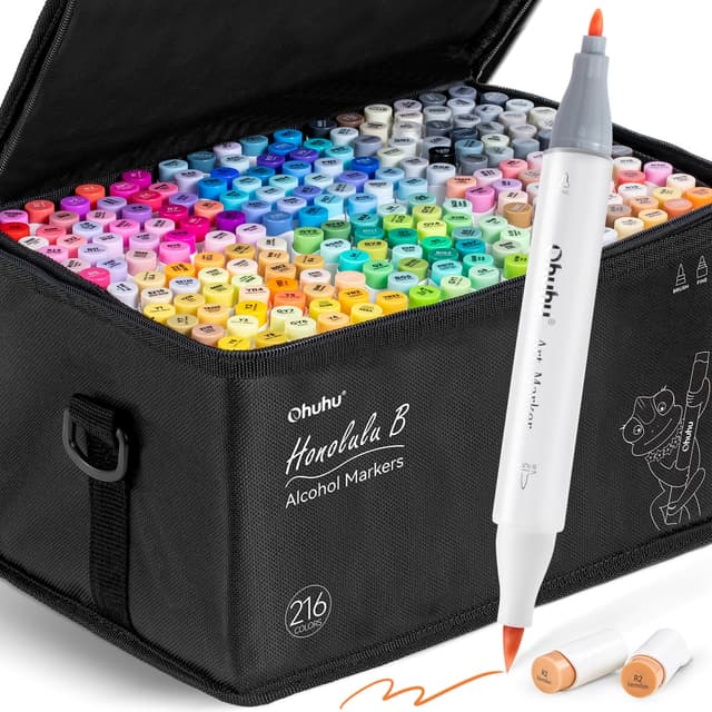 🎨 Ohuhu Marker Stifte 216 Farben Doppelspitzen Marker Stifte SetAlkoholbasis für Künstler Erwachsene Malen Zeichnen Skizzen Illustration Pinsel feine Doppelspitze mit 1 Mischer Honolulu B Deal