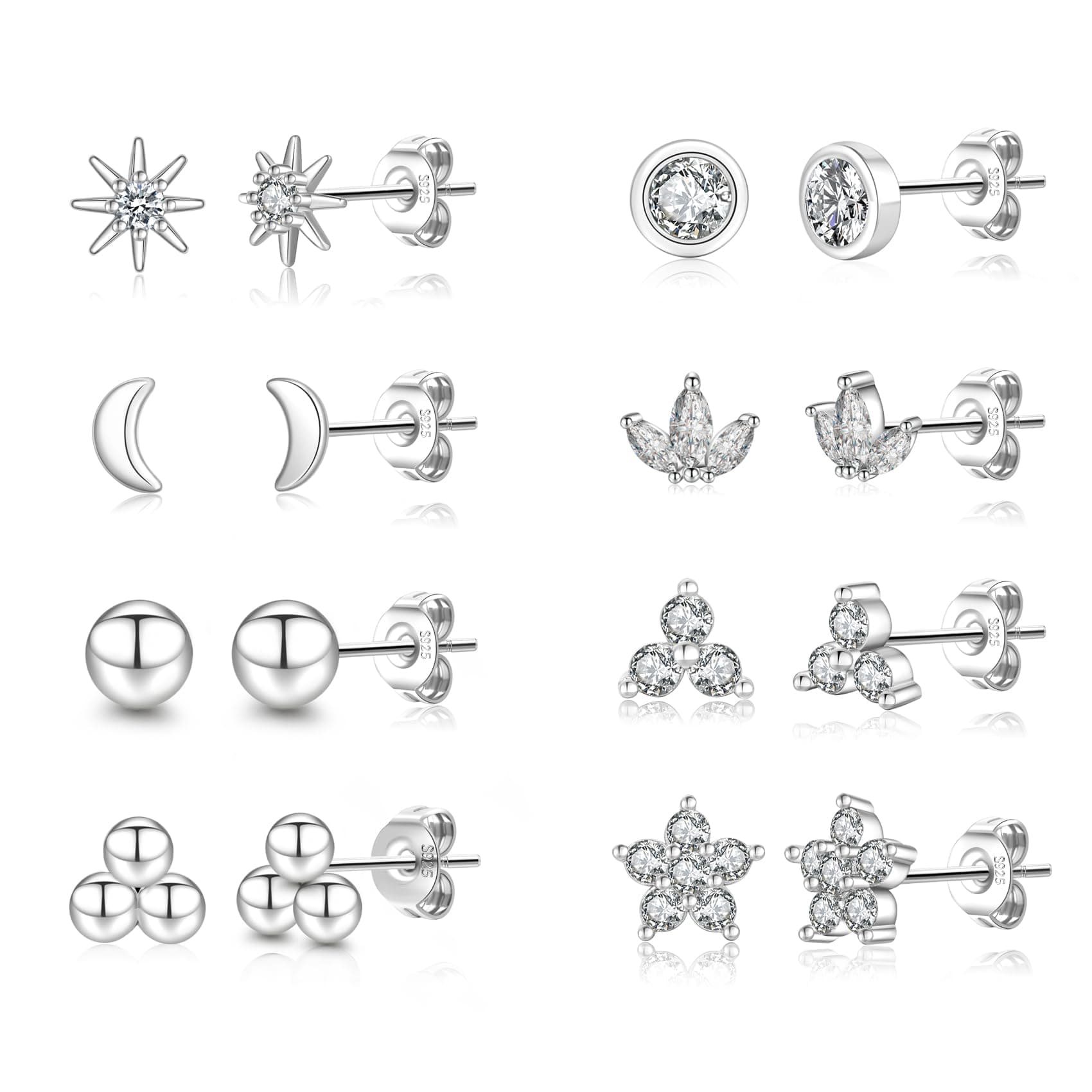Senteria Ohrstecker Silber 925 für Damen 6/8 Paar 🌟 Hypoallergen Zirkonia Ohrringe Set