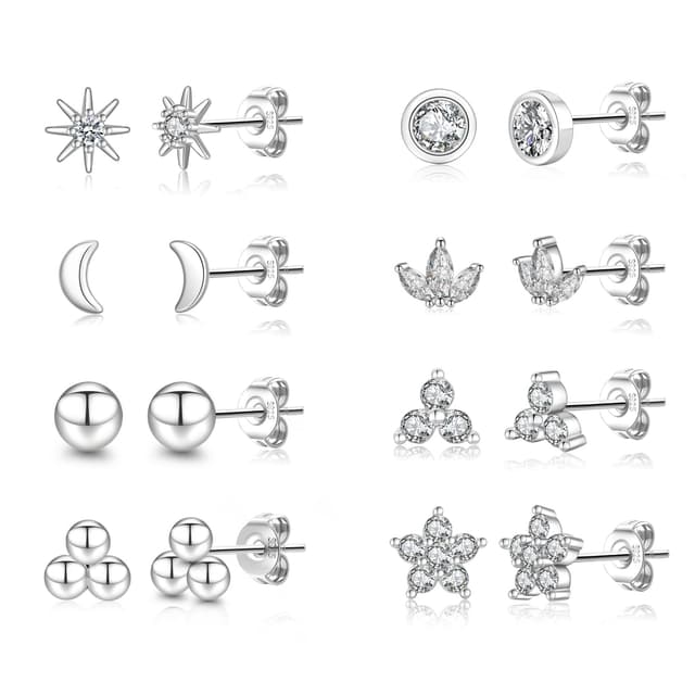 Senteria Ohrstecker Silber 925 für Damen 6/8 Paar 🌟 Hypoallergen Zirkonia Ohrringe Set