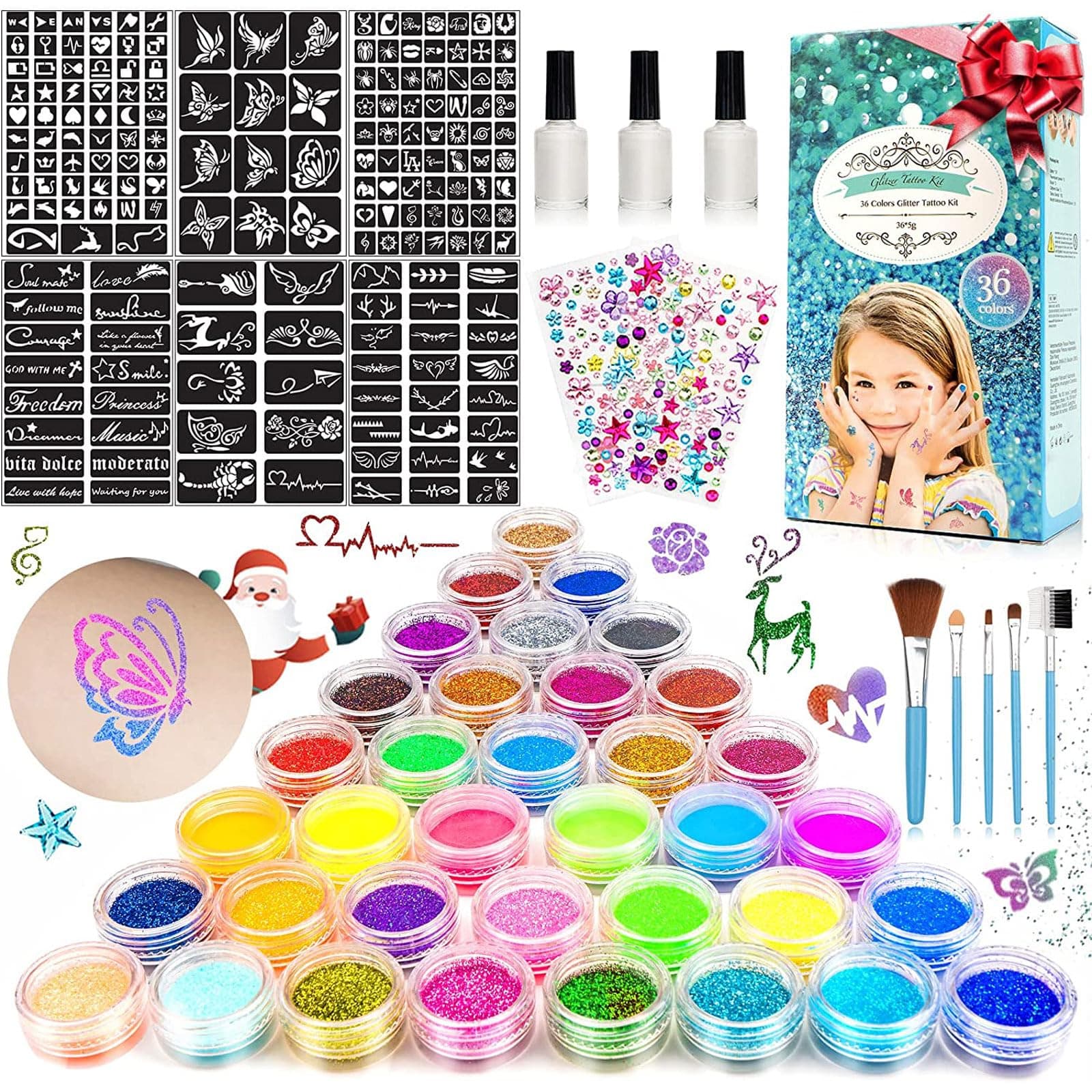 Glitzer Tattoo Set Kinder - Temporäre Glitzertattoos Set mit 182 Schablonen und 215 Strasssteinen