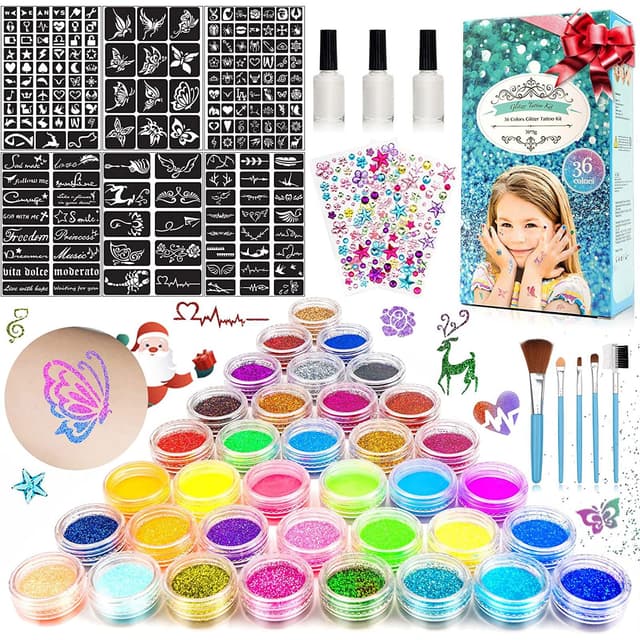 Glitzer Tattoo Set Kinder - Temporäre Glitzertattoos Set mit 182 Schablonen und 215 Strasssteinen