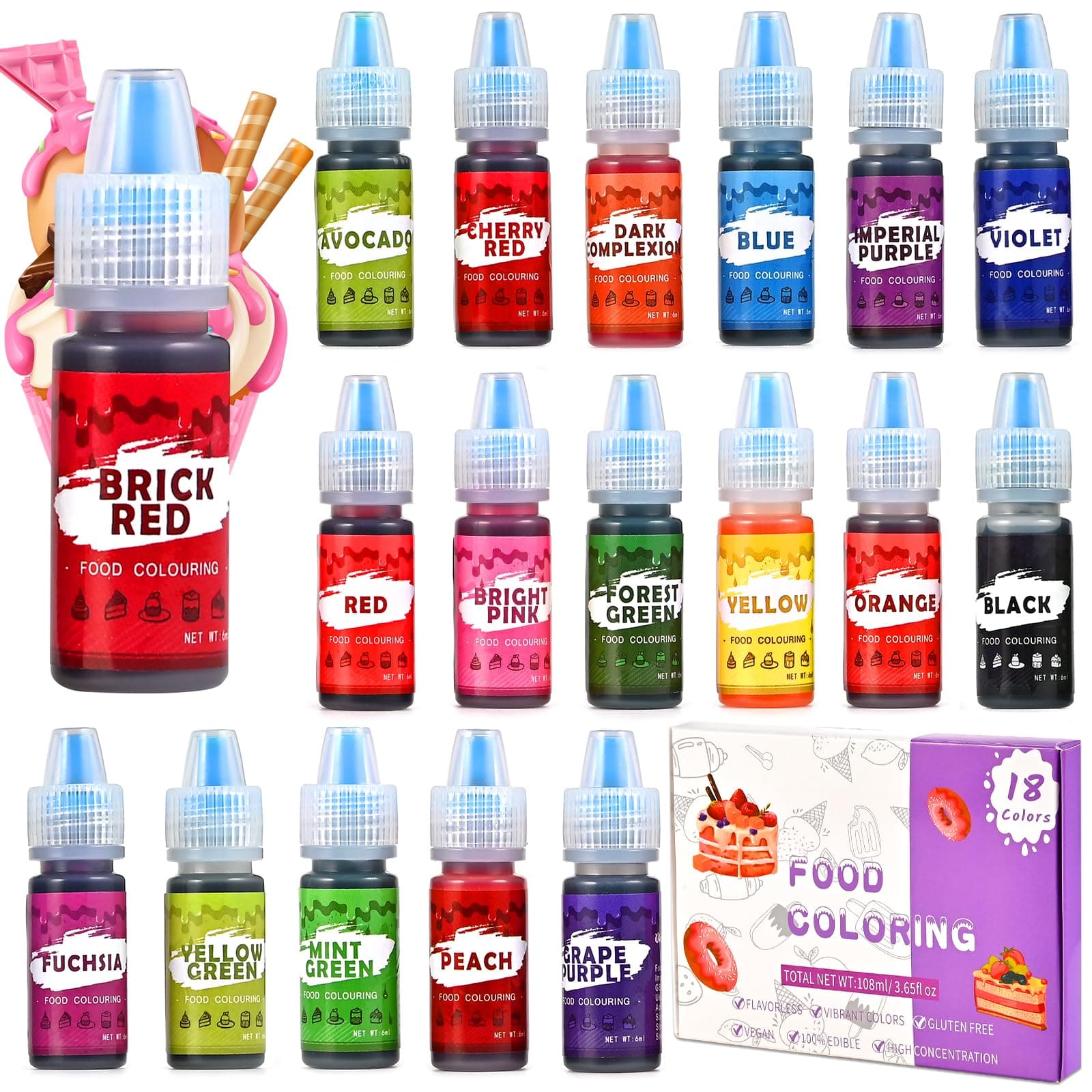 Tigvio Lebensmittelfarbe 18 Farben x 6ml 🎨🍰🌈