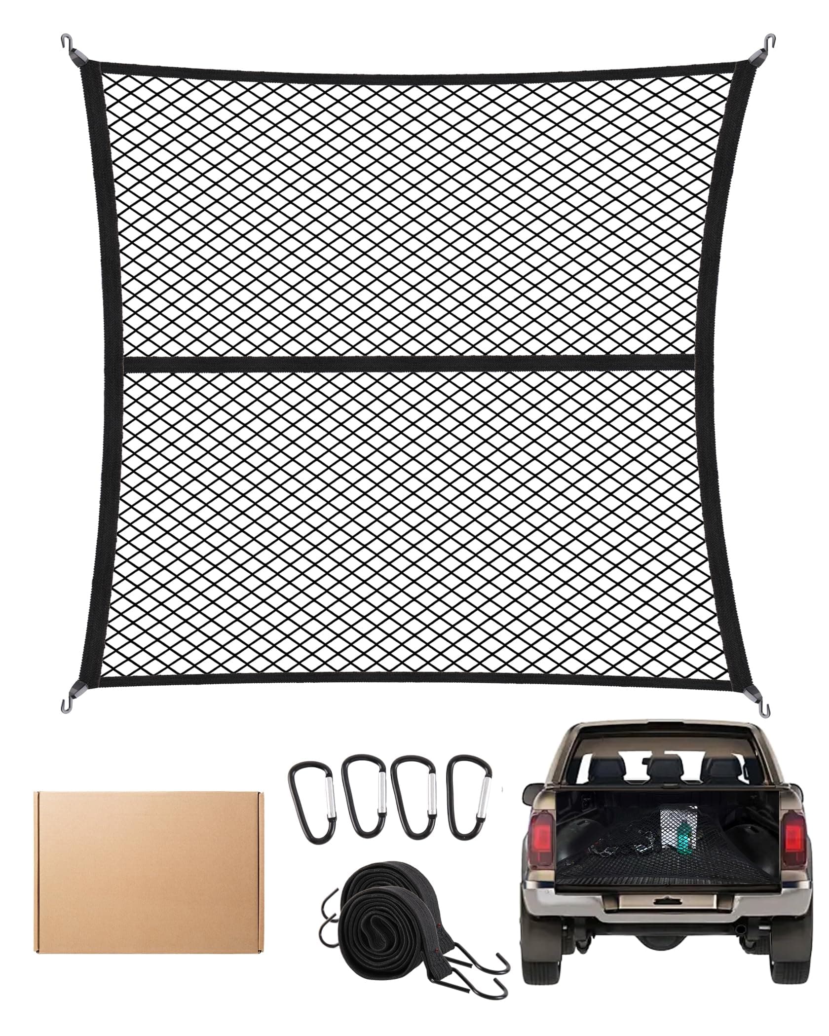 🚚 FoundGo 120x120cm Gepäcknetz [Max. 210x210cm Dehnbar] - Hochelastisches Kofferraumnetz