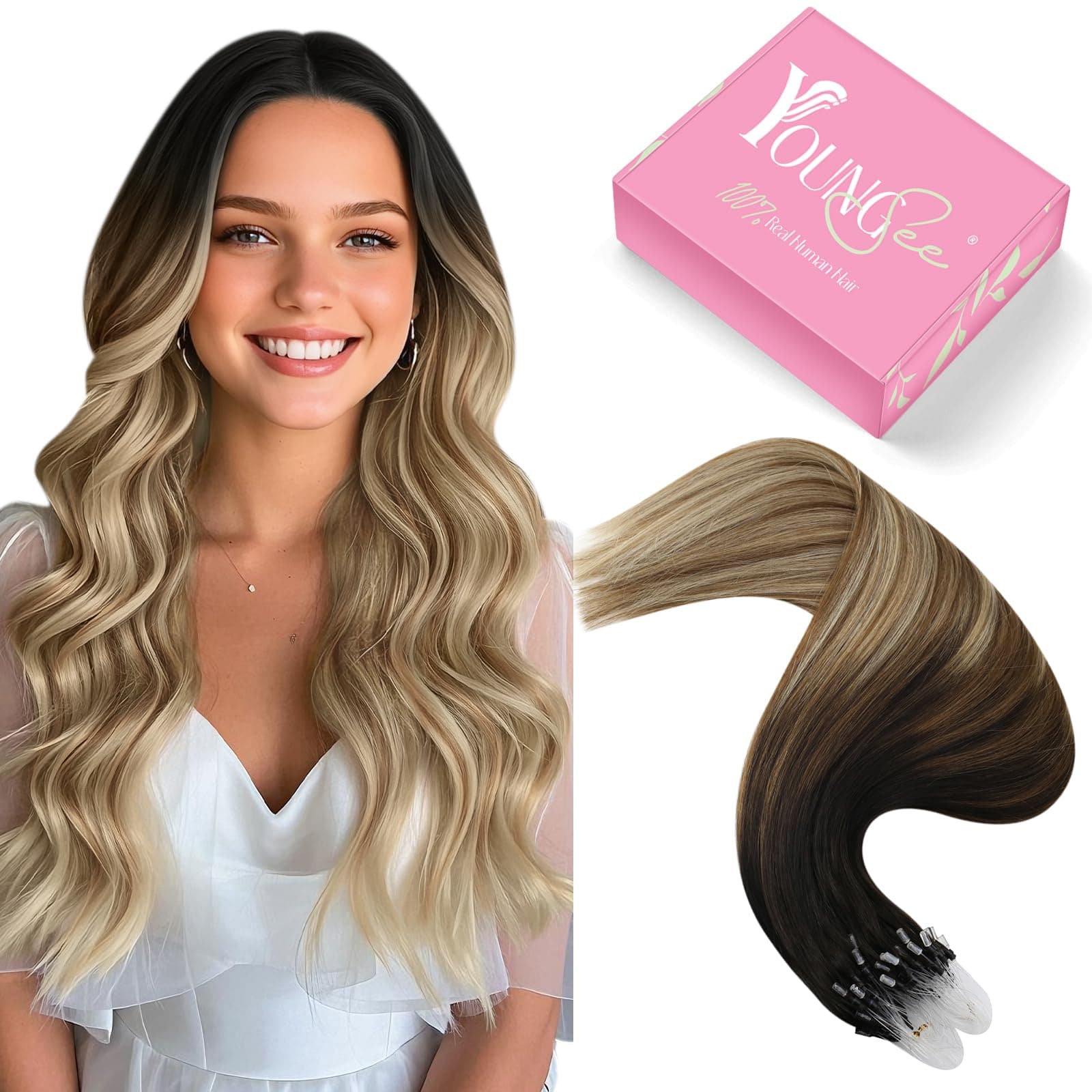 YoungSee Extensions Echthaar Microring Balayage Micro Ring Hair Extensions Balayage Blond Microring Haarextensions