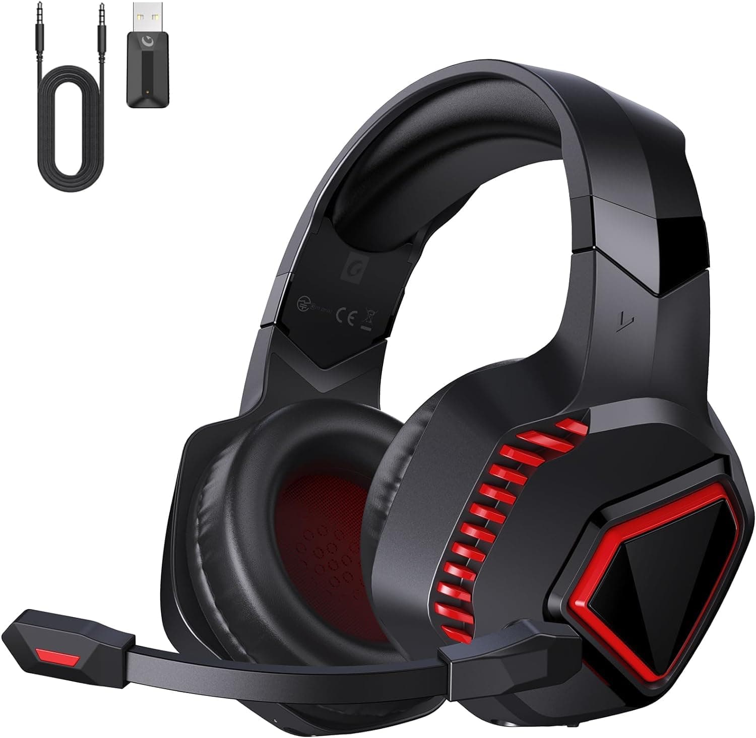 KAPEYDESI Wireless Gaming Headset, 2,4 GHz Gaming Kopfhörer Kabellos für PS5, PC, Switch, Mac, Noise Cancelling Headset mit Mikrofon, Bluetooth Headset mit Kabel 3.5mm für Xbox Series X Schwarz Rot 🎧🎮