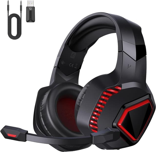 KAPEYDESI Wireless Gaming Headset, 2,4 GHz Gaming Kopfhörer Kabellos für PS5, PC, Switch, Mac, Noise Cancelling Headset mit Mikrofon, Bluetooth Headset mit Kabel 3.5mm für Xbox Series X Schwarz Rot 🎧🎮