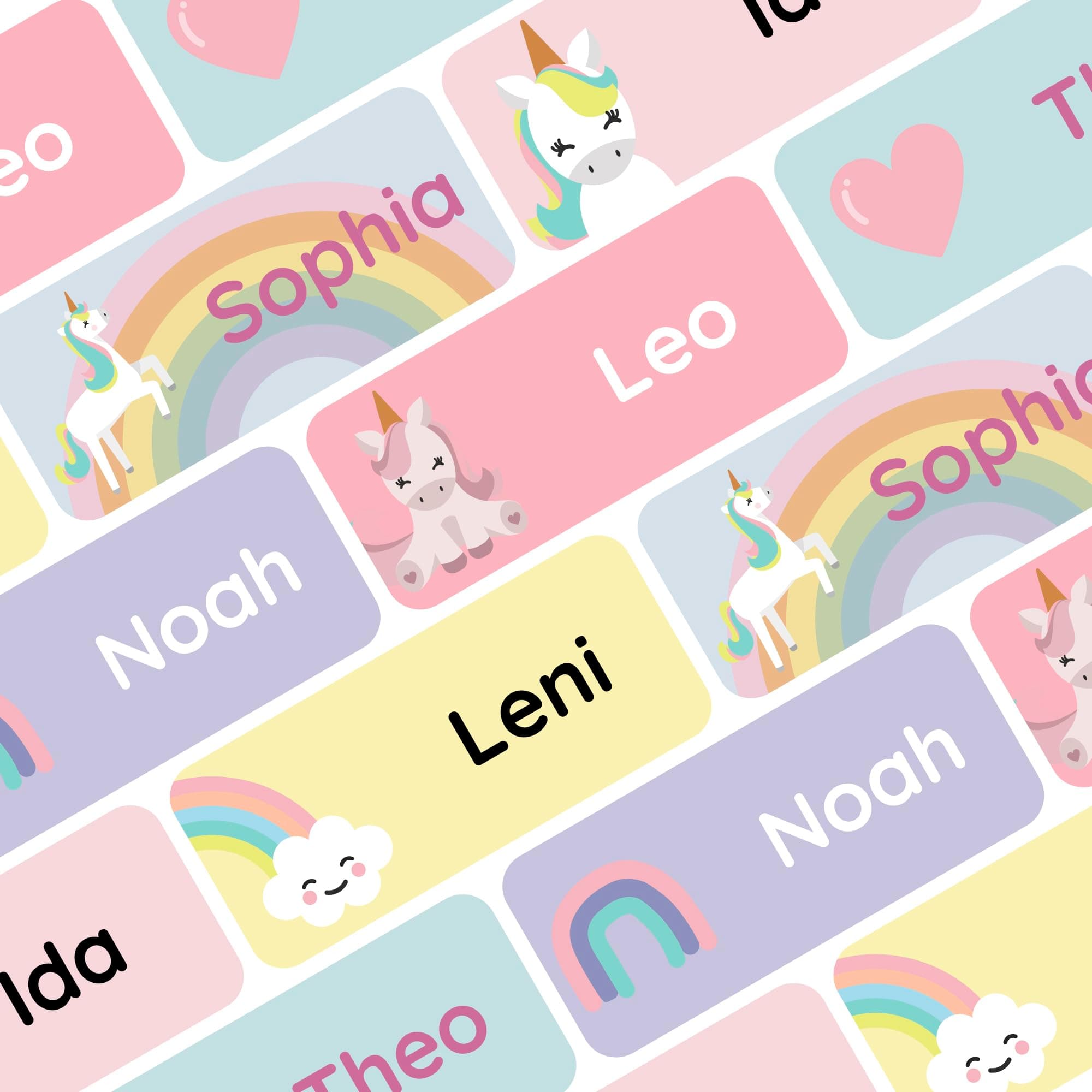 Klebekerlchen® Namensaufkleber für Kinder (60 Stück) 🌈🦄