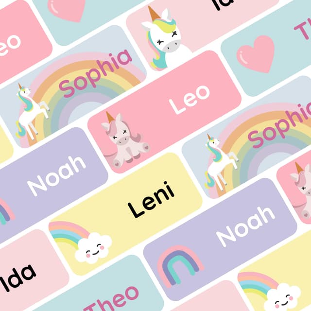 Klebekerlchen® Namensaufkleber für Kinder (60 Stück) 🌈🦄
