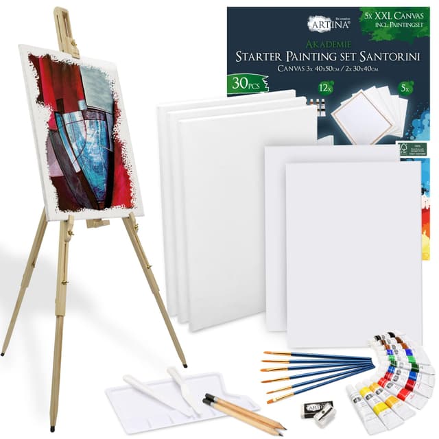 Artina 30tlg Malset Santorini inkl. Holzstaffelei für Leinwände bis 100 cm Malaga – Acryl Farben Set mit Keilrahmen, 12 Farben, Pinsel & Staffelei – Tragbare Feldstaffelei Einsteiger Hobbykünstler 4000 Gramm