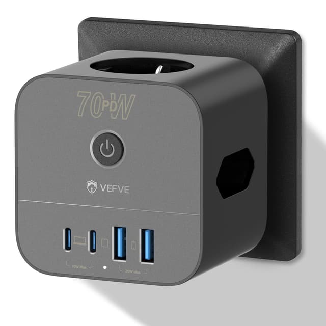 VEFVE 70W Cube Steckdosenleiste mit USB-C-Ladegerät, 7-in-1 Mehrfachsteckdose mit Schalter, GaN-Technologie für schnelles Laden, kompatibel mit Laptops, Handys, Geeignet für Zuhause, Büro und Reisen