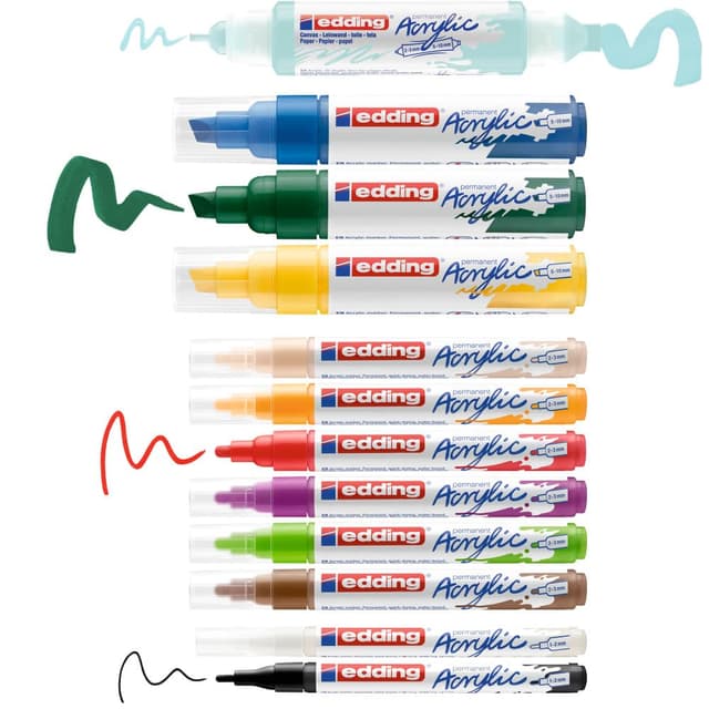 edding Creative Set - Acrylstifte wasserfest fein, medium, breit und 1x Acryltube, inkl. Malblock - 12 Acrylfarben Set (basic) - Acryl Farben zum Malen auf Leinwand oder Holz - Acrylstifte für Steine