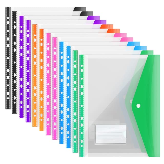 ABC life12er Pack Dokumententasche A4 Abheftbar,Erweiterbare Lochtaschen,A4 Sichttasche Dokumenten Mappen Brieftaschen Tasche für Dokument Organisieren mit Nruckknopf und Etikettentasche,6 Farben Colored Expandable