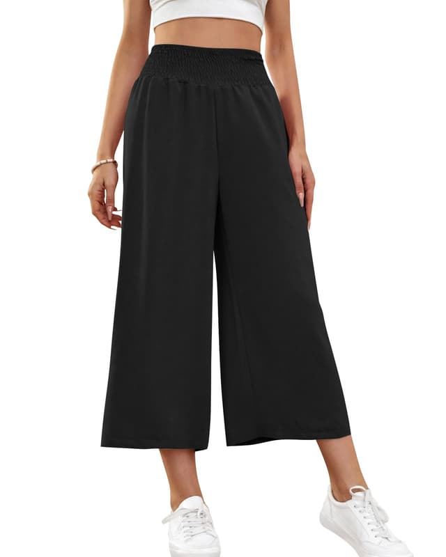HMIYA Damen 3/4 Culotte Hose Leichte Weites Bein Sommerhose L Schwarz 🌞👖