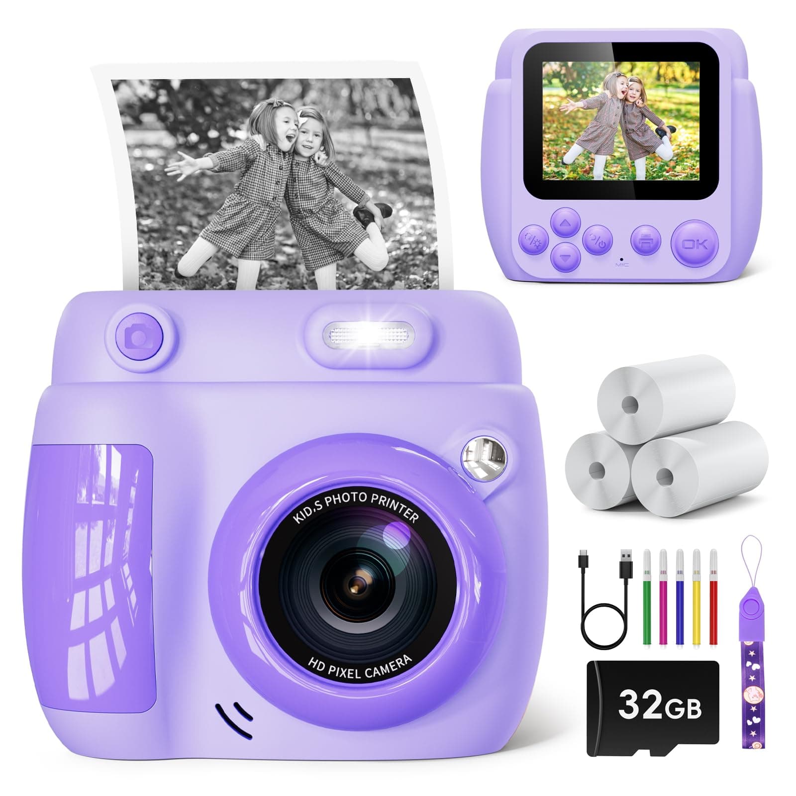 Kinderkamera Sofortbildkamera LETSHAHA 1080P 20MP 2.4 Zoll Bildschirm Kinderkamera Sofortbildkamera Kinder mit 32G Karte,Blitz,3 Rollen Druckpapier,Geschenk für Kinder 3-12 Jahren 2.4 Stil - Violett 📸🎁